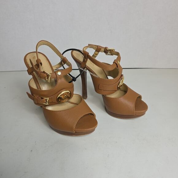 Michael Kors Mackenzie 5" Heels Gold Brown Leather Strap 7 M Big Logo Peep Toe - Picture 2 of 12